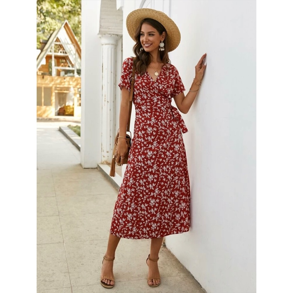 Floral print wrap maxi dress short sleeve red